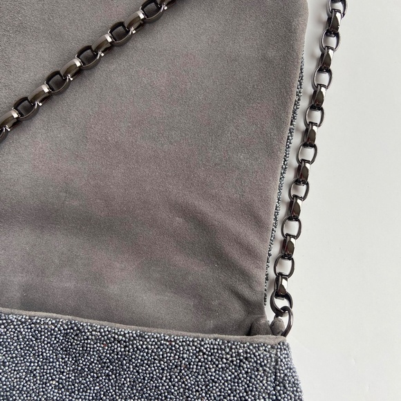 VINTAGE MAX MARA MADE IN ITALY METALLIC EVENING BAG BEADED SILVER GUN METAL - Picture 10 of 12